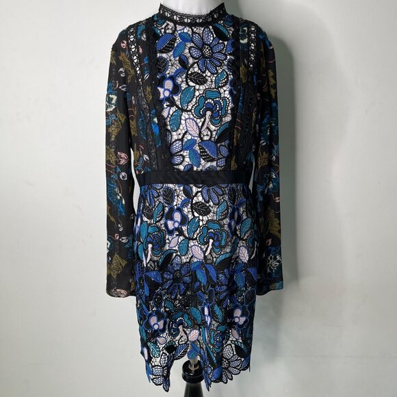 Self Portrait Dresses & Skirts - Self Portrait Women's Blue Black Long Sleeve Lace Floral Midi Dress Size 10